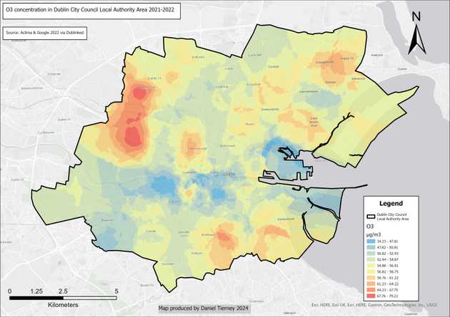 Ozone concentration across Dublin
