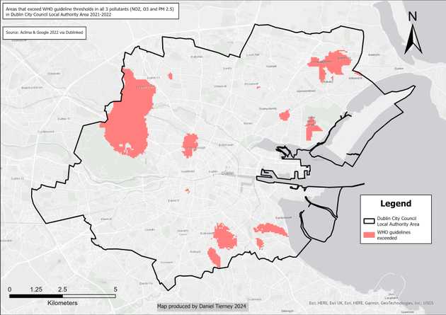 Areas exceeding WHO thresholds for multiple pollutants